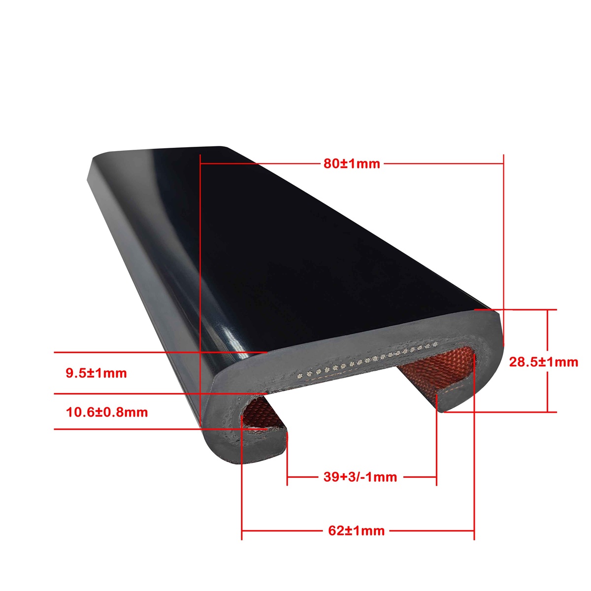 Rubber escalator handrail RB8039S cross-section dimension chart, showing width 80mm, height 39mm, compatible with standard escalators